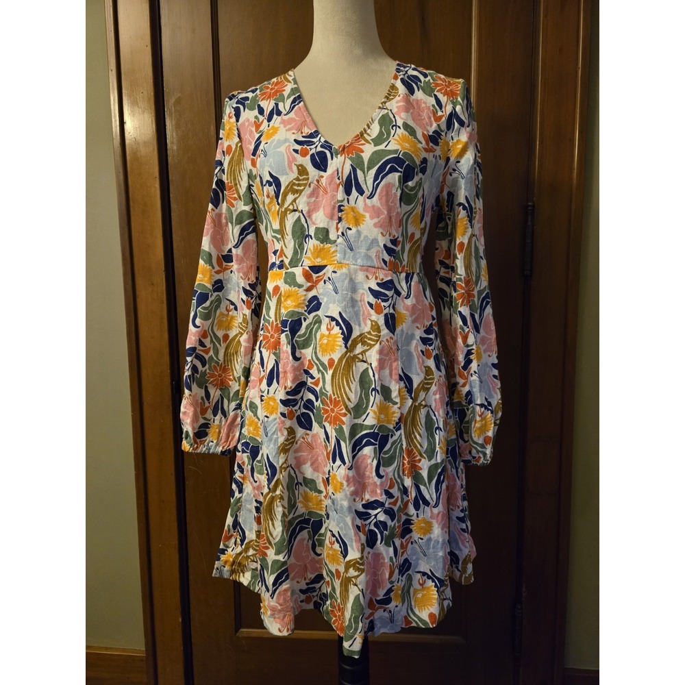 Boden 100% Linen Women's US 4R Floral 3/4 Sleeve Tunic Dress Tropical Hawaiian